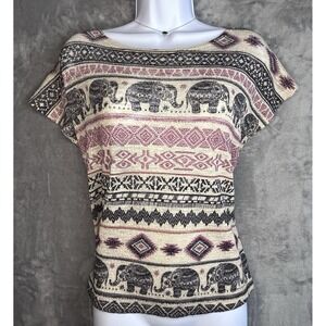 Ginger G boho earthy tribal elephant print short sleeve loose knit women Small
